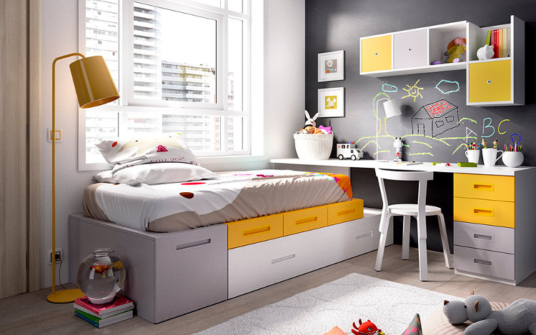 Objetor Describir Montón de Dormitorio compacto gris, blanco y amarillo