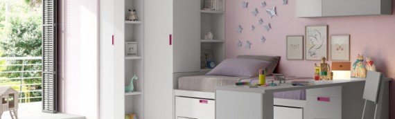 Dormitorio compacto blanco y fucsia