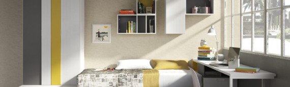 Dormitorio compacto blanco, gris y amarillo